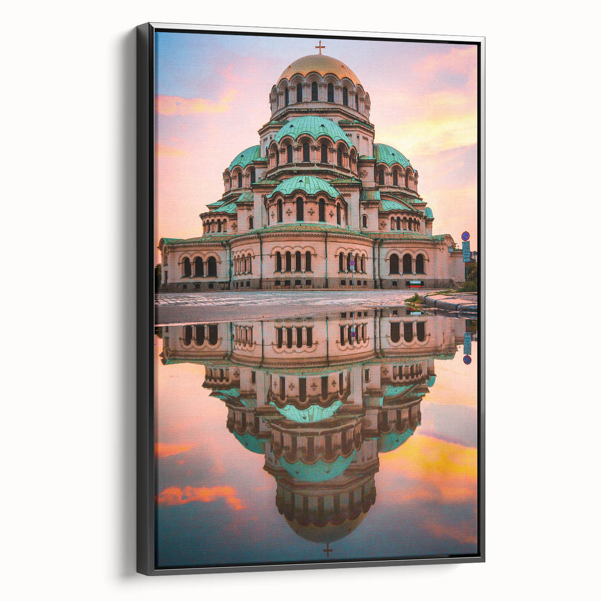 Black and white framed canvas depicting a vintage-style Bulgarian landscape, ideal for bedroom wall art.