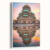 Vintage poster art of a Bulgarian landscape in vibrant colors on a large framed canvas, ideal for living room decor.