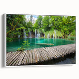 Vintage poster art of a scenic Croatian landscape on framed canvas, with colorful details, ideal for living room decor.