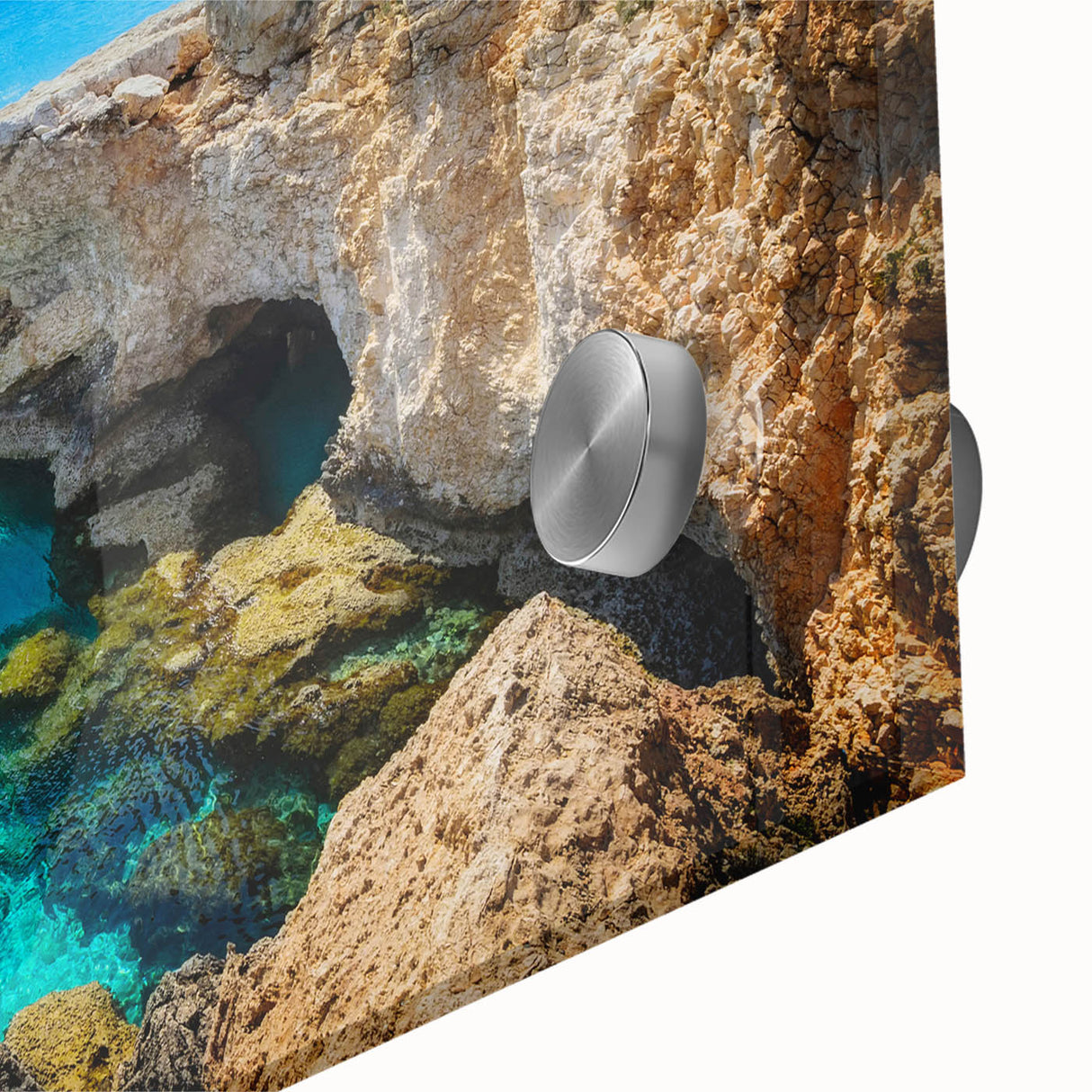 Large abstract wall art featuring a mid-century modernist style Cyprus scenery on acrylic glass.