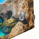 Large abstract wall art featuring a mid-century modernist style Cyprus scenery on acrylic glass.