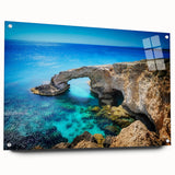 Acrylic print of a European Cyprus landscape in muted earth tones, ideal for dining room decor.