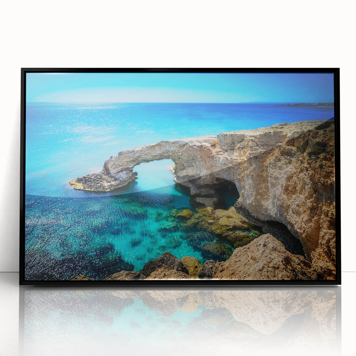 Large abstract wall art depicting a European Cyprus scene in muted earth tones, framed in black acrylic.