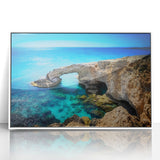 Mid-century modernist art depicting a European Cyprus landscape in acrylic, with muted earth tones, framed.