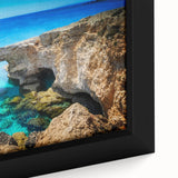 Extra large framed canvas of a textured European Cyprus landscape in black with colorful accents.