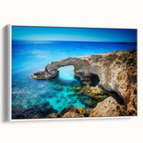 Vintage poster art of a European Cyprus scenery in vibrant colors on a large framed canvas, ideal for living room decor.