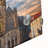 Large acrylic print of Prague in muted earth tones, ideal for dining room art in a mid-century modernist style.