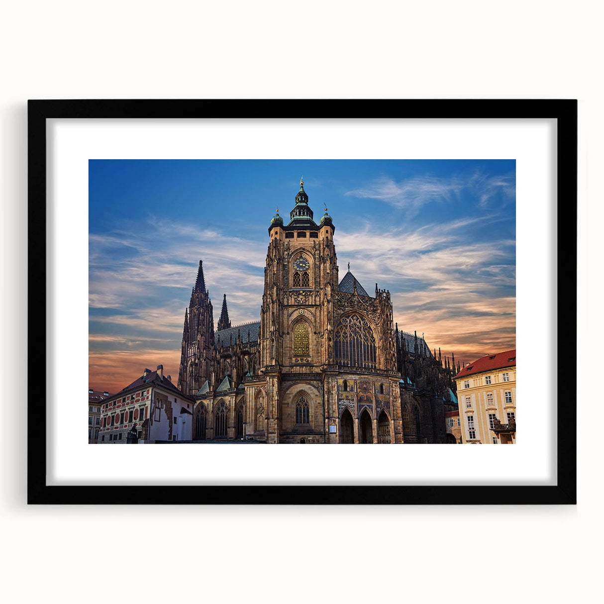 Colorful abstract art print of Prague scenery in textured style, framed with a black mat, ideal for living room decor.