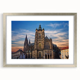 Extra large framed wall art depicting an abstract Prague cityscape in muted earth tones, ideal for living room decor.
