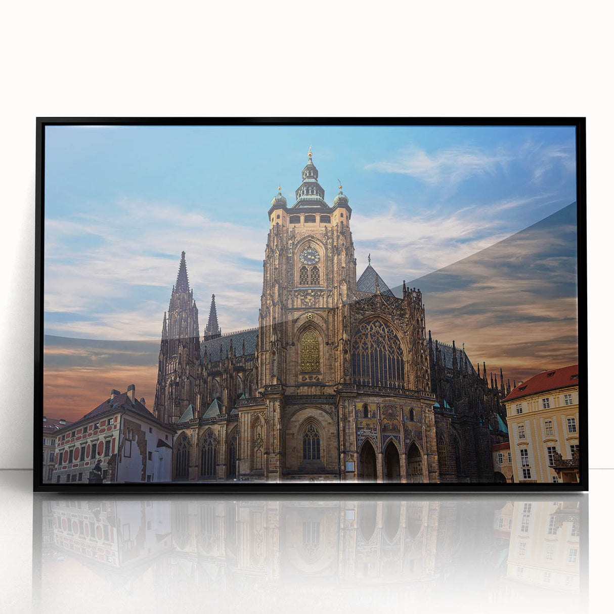 Large abstract wall art of Prague skyline in black and white on framed acrylic, suited for modern art wall decor.