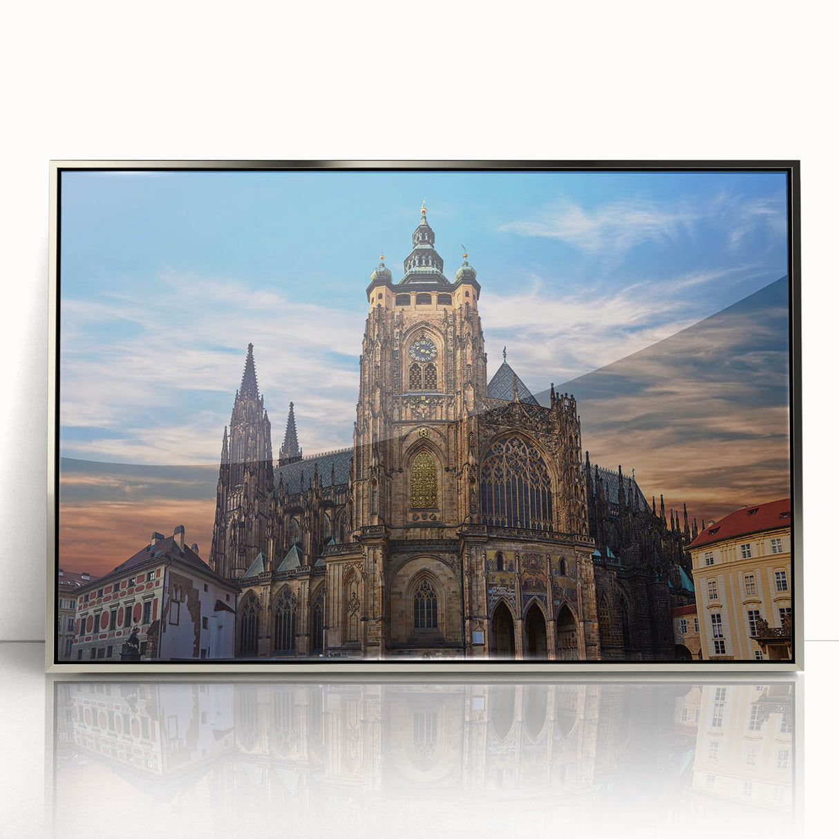 Large art print of Prague cityscape in muted silver and gray tones on a framed acrylic, suitable for modern art wall decor.