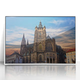 Mid-century modernist art of Prague skyline in muted colors on white framed acrylic, ideal for modern art wall decor.