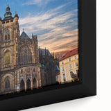 Extra large framed canvas of Prague scenery in black with colorful, textured art accents, ideal for living room decor.