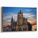 Framed canvas of Prague landscape in vintage poster style with black and gold tones, ideal for bedroom wall art.