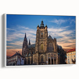 Vintage poster art of Prague on framed canvas with colorful imagery, ideal for living room decor.