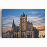 Black and white photograph of Prague skyline on stretched canvas, suitable as large kitchen wall art.