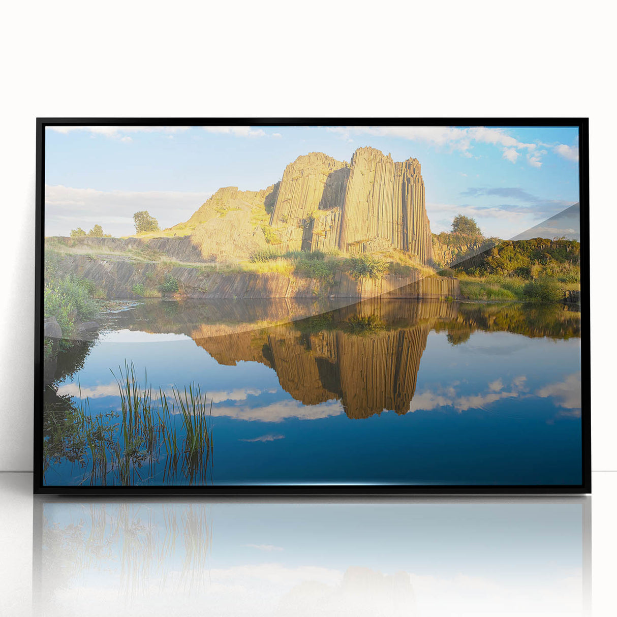 Large abstract wall art depicting a European Czech Republic scenery in muted tones on a black framed acrylic print.