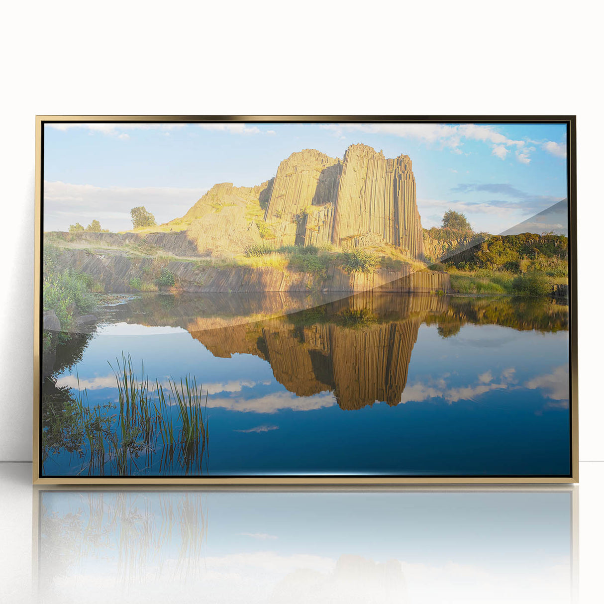 Art deco poster of a Czech Republic scenery in gold frame, featuring acrylic print with vibrant hues.