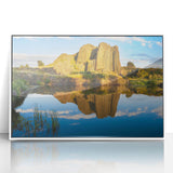 Mid-century modernist art depicting a Czech Republic landscape in muted colors on a framed acrylic.