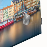 Mid-century modernist abstract depiction of a European landscape on large acrylic glass, suitable as dining room art.