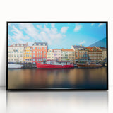 Large abstract wall art depicting a European scenery in Denmark, using muted tones on a framed acrylic.