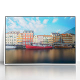 Mid-century modernist art of a European Denmark scenery in muted colors, framed acrylic, ideal for nursery wall art.