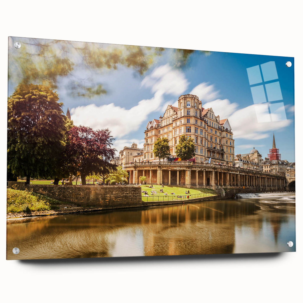 Acrylic print of a European cityscape in muted gray and blue tones, suitable for dining room or bedroom decor.