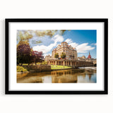 Extra large abstract art print of a colorful, textured European scenery, framed in black, ideal for living room decor.