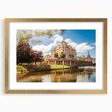 Abstract art print of Bath, England scenery in muted earth tones, framed in gold, ideal for dining room decor.