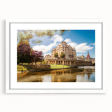 Textured art print of Bath, England in abstract style with muted earth tones on a framed white mat, ideal for bedroom art.