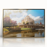 Art deco poster of Bath, England in acrylic with gold frame, featuring muted earth tones, ideal for modern art wall decor.