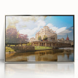 Mid-century modernist art of Bath, England, in muted earth tones on framed acrylic, ideal for modern art wall decor.