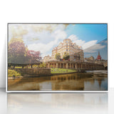 Mid-century modernist art depicting a serene European scenery in soft pastel shades, framed acrylic.