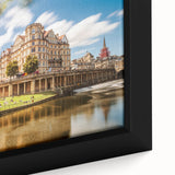 Extra large black wall art featuring a textured depiction of Bath, England, on framed canvas with colorful accents.