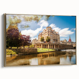 Framed canvas wall art depicting a vintage European landscape in gold and black tones, ideal for bedroom decor.