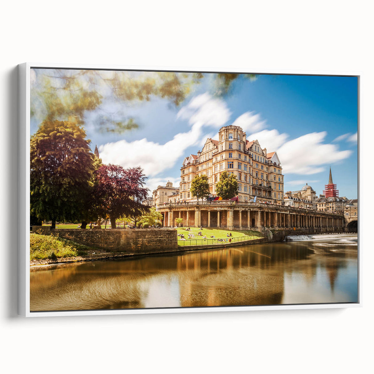 Vintage poster art of Bath, England, depicted in colorful hues on a large framed canvas, ideal for living room decor.