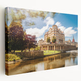 Large canvas print depicting a scenic European landscape in soft green and blue tones, suited for kitchen wall art.