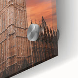 Mid-century modernist style image of Big Ben in muted gray tones on acrylic glass, suitable for dining room art.