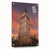 Acrylic print of Big Ben with a side view in muted gray tones, suitable for bedroom or dining room decor.