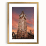 Abstract art print of the Big Ben set in muted earth tones, framed in gold, ideal for dining room decor.