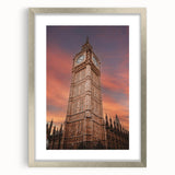 Extra large wall art featuring an abstract depiction of Big Ben in textured gray tones, framed in silver.