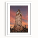 Textured art print of Big Ben in abstract style, with muted gray and blue tones on a framed white mat.