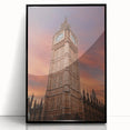 Large abstract wall art of Big Ben in muted gray tones, acrylic print in a black frame.