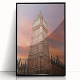 Large abstract wall art of Big Ben in muted gray tones, acrylic print in a black frame.