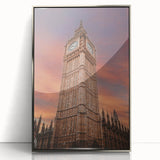 Acrylic print of Big Ben in muted gray tones, framed in silver, suited for modern art wall decor.
