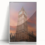 Mid-century modernist art of Big Ben with muted gray and blue tones on a framed acrylic, ideal for nursery wall art.