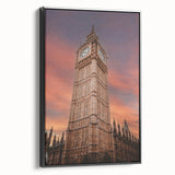 Black and white framed canvas of Big Ben in a vintage poster style, ideal for bedroom wall decor.