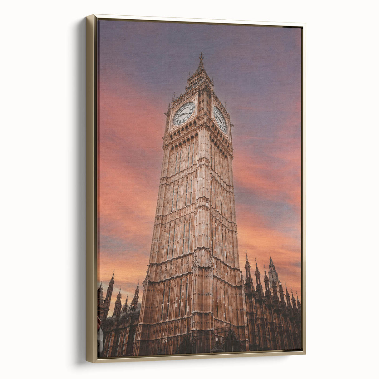 Framed canvas of Big Ben in muted gold and black tones, vintage poster style, ideal for bedroom wall art.