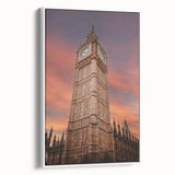 Vintage poster art of Big Ben with colorful accents on a large framed canvas, ideal for living room decor.