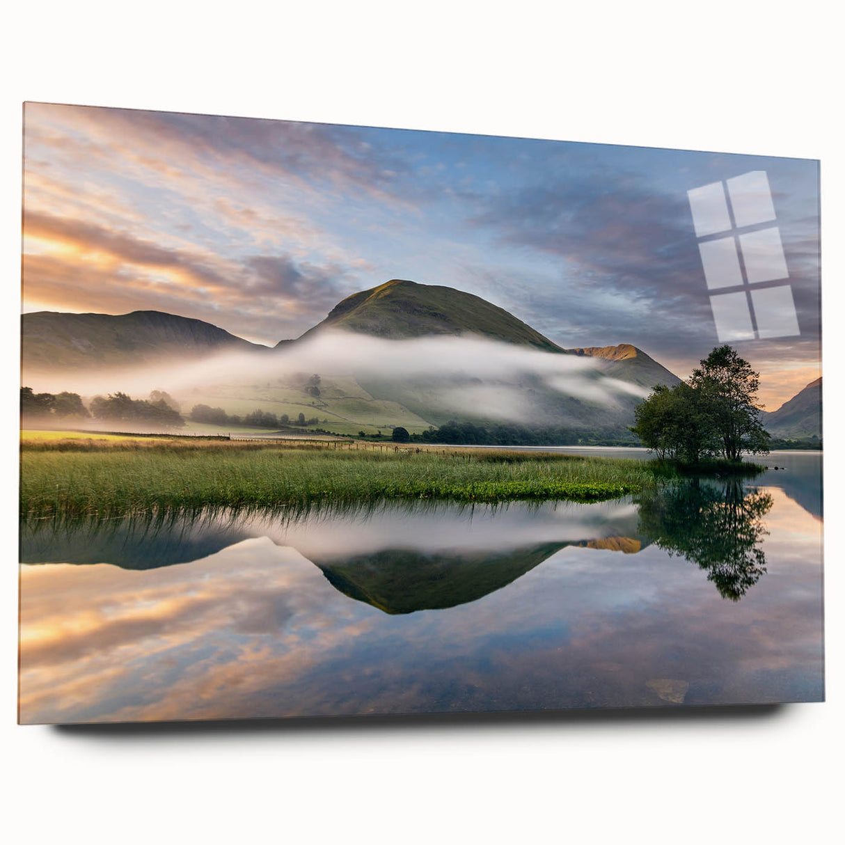 Large abstract wall art of Cumbria landscape in muted greens and blues on acrylic glass.